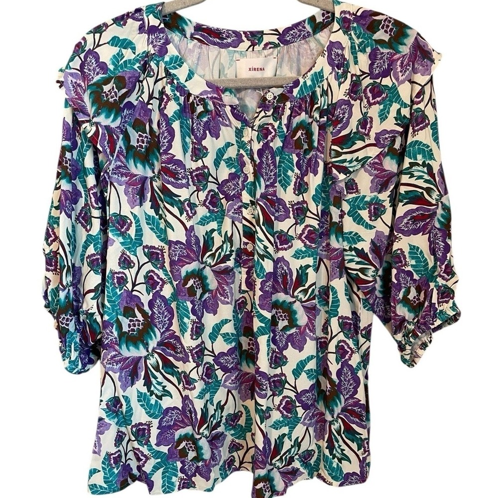 Xirena Size S Jacobean Floral Top White Purple Green Puff Sleeve Feminine NWT